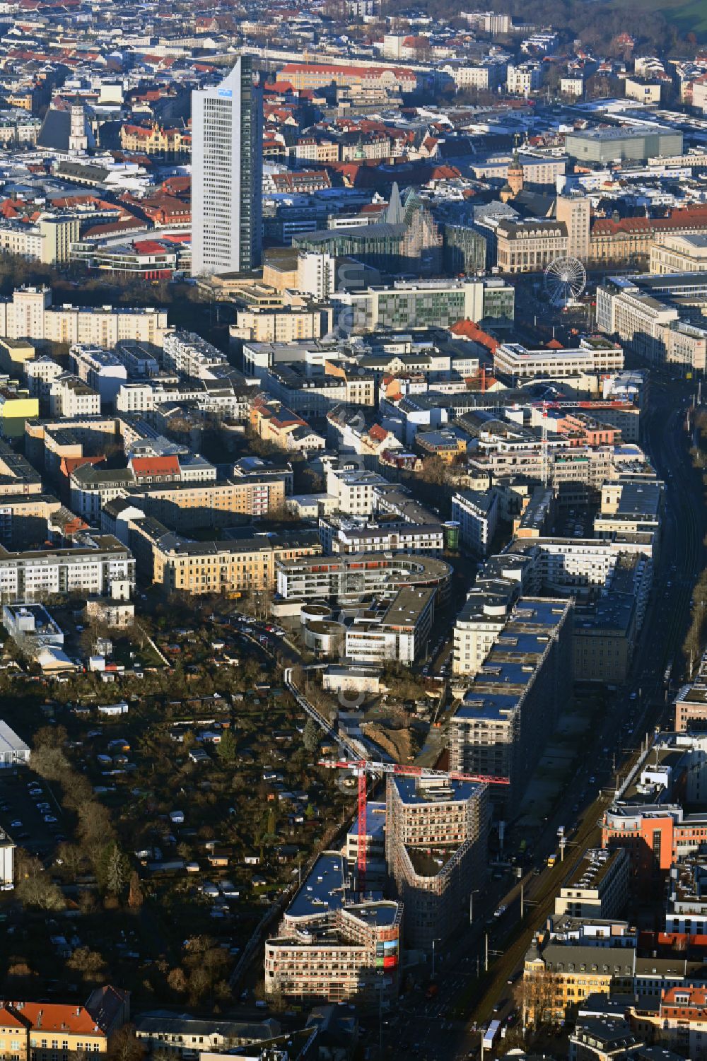 Aerial photograph Leipzig - Construction site to build a new multi-family residential complex on Prager Strasse corner Johannisallee in the district Zentrum-Suedost in Leipzig in the state Saxony, Germany