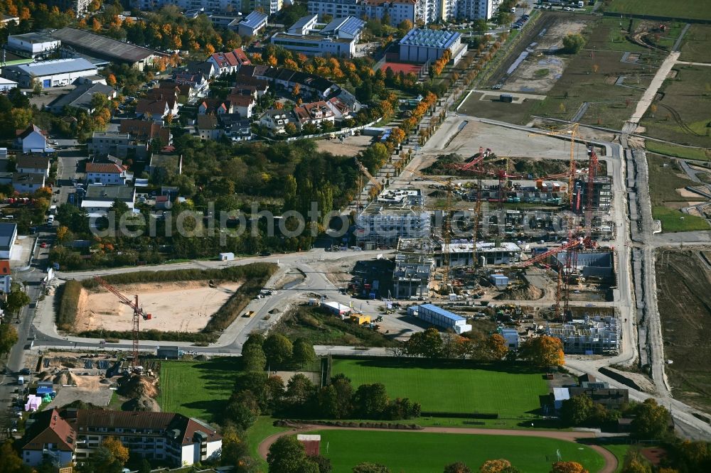 Mannheim from the bird's eye view: Construction site to build a new multi-family residential complex Quartiere Bumerang - Wohnen am Park - FLAIRWOOD und Spinelli 10.5 on street Anna-Sammet-Strasse in the district Kaefertal in Mannheim in the state Baden-Wuerttemberg, Germany