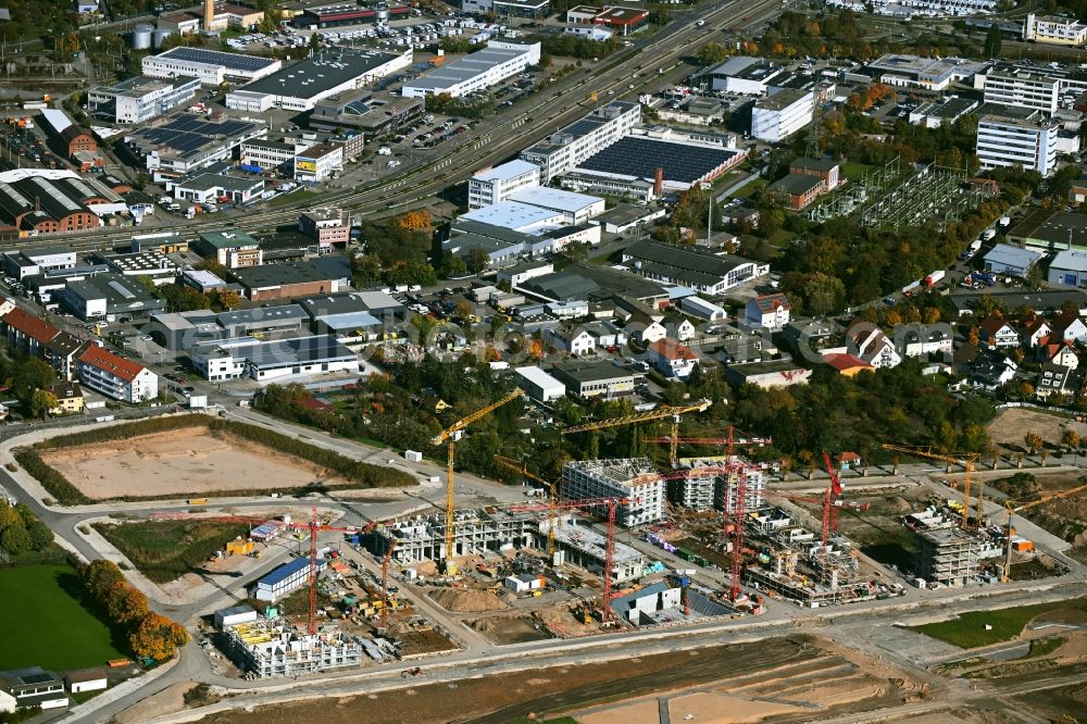 Mannheim from the bird's eye view: Construction site to build a new multi-family residential complex Quartiere Bumerang - Wohnen am Park - FLAIRWOOD und Spinelli 10.5 on street Anna-Sammet-Strasse in the district Kaefertal in Mannheim in the state Baden-Wuerttemberg, Germany