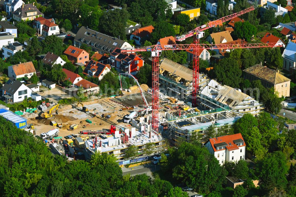 Markkleeberg from the bird's eye view: Construction site to build a new multi-family residential complex Quartier Cospuden on street Koburger Strasse in the district Zoebigker in Markkleeberg in the state Saxony, Germany