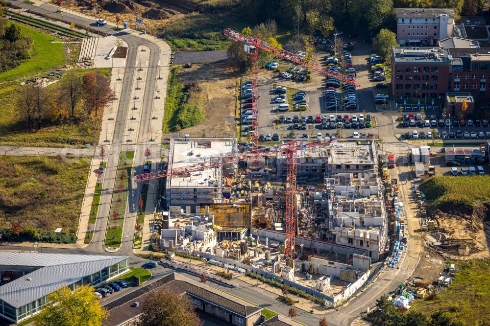 Bochum from the bird's eye view: Construction site to build a new multi-family residential complex Quartier Feldmark on street Feldmark in the district Altenbochum in Bochum at Ruhrgebiet in the state North Rhine-Westphalia, Germany