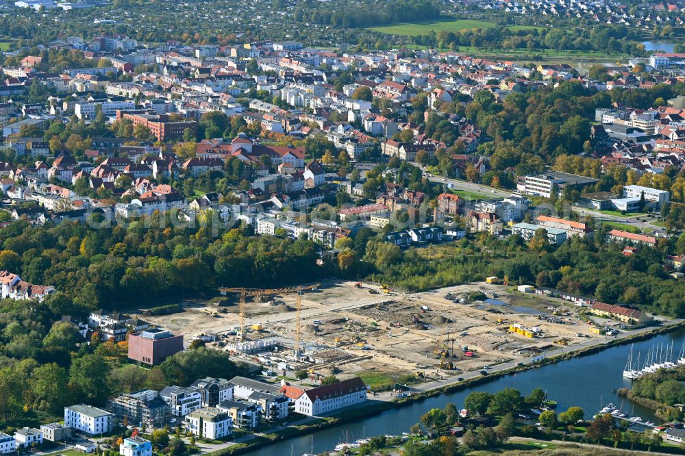 Hansestadt Greifswald from above - Construction site to build a new multi-family residential complex Quartier Hafenstrasse on street An den Wurthen in Greifswald in the state Mecklenburg - Western Pomerania, Germany