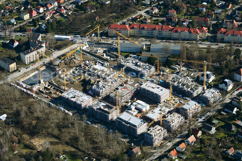 Berlin from above - Construction site to build a new multi-family residential complex Quartier Iduna on Romain-Rolland-Strasse - Idunastrasse - Neukirchstrasse in the district Heinersdorf in Berlin, Germany