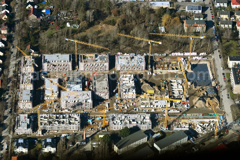 Aerial photograph Berlin - Construction site to build a new multi-family residential complex Quartier Iduna on Romain-Rolland-Strasse - Idunastrasse - Neukirchstrasse in the district Heinersdorf in Berlin, Germany