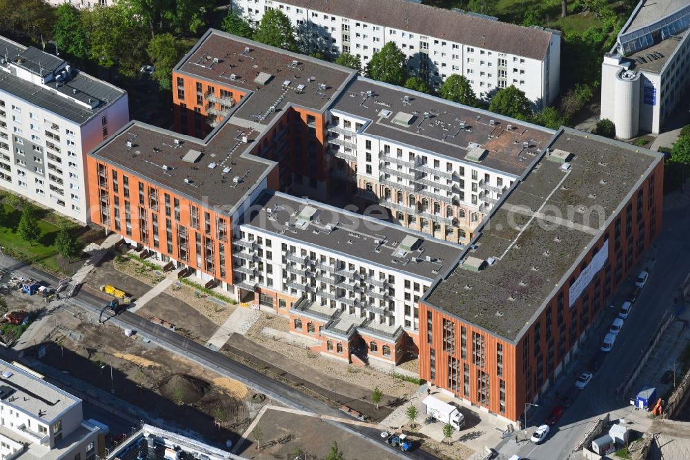 Dresden from above - New multi-family residential complex Residenz on Postplatz on Annenstrasse in the old town of Dresden in the state Saxony, Germany