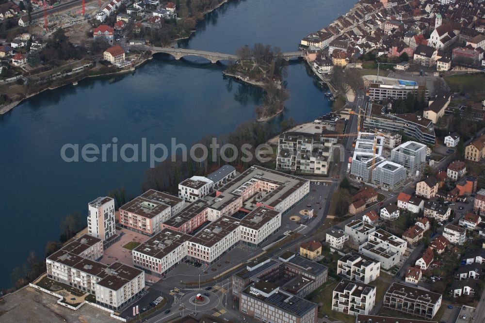 Rheinfelden from the bird's eye view: New multi-family residential complex Salmen Park on a former brewery site in Rheinfelden in Switzerland at the river Rhine