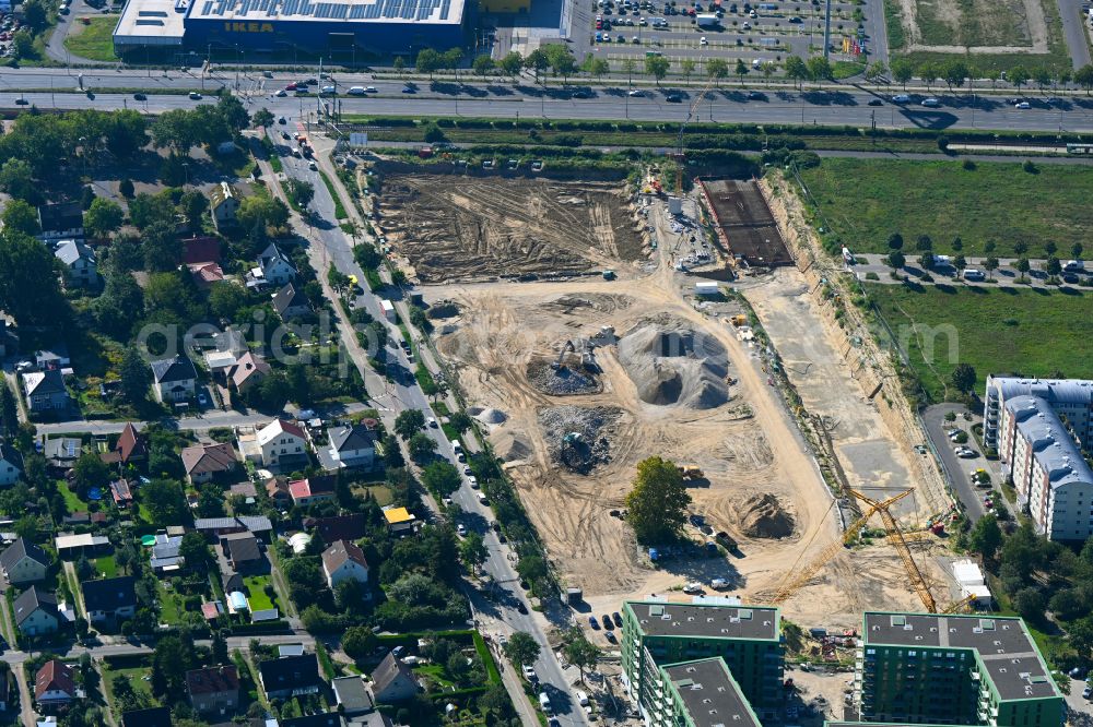 Aerial image Berlin - Construction site to build a new multi-family residential complex Weisse Taube between Ferdinand-Schultze-Strasse, Plauener Strasse and Landsberger Allee in the district Hohenschoenhausen in Berlin, Germany