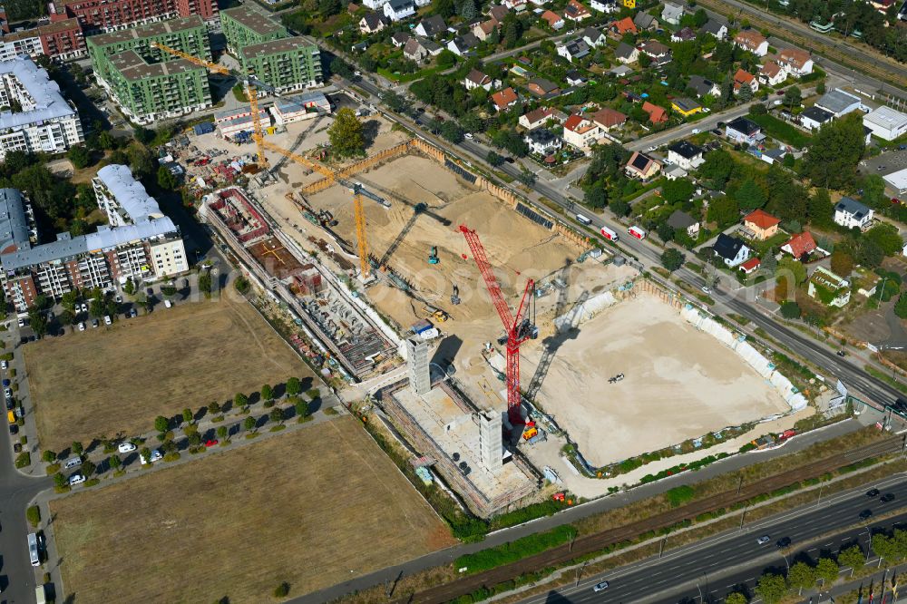 Aerial image Berlin - Construction site to build a new multi-family residential complex Weisse Taube between Ferdinand-Schultze-Strasse, Plauener Strasse and Landsberger Allee in the district Hohenschoenhausen in Berlin, Germany