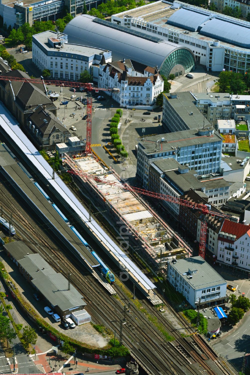 Aerial photograph Bielefeld - Construction site for a new micro apartment complex of GBI Group GmbH on street Bahnhofstrasse in the district Mitte in Bielefeld in the state North Rhine-Westphalia, Germany