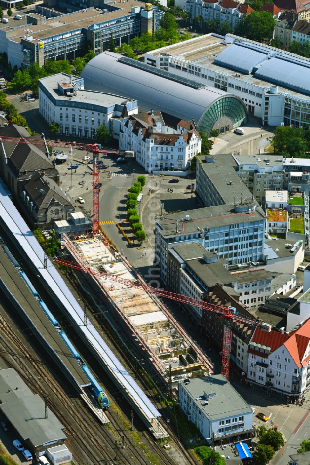 Bielefeld from above - Construction site for a new micro apartment complex of GBI Group GmbH on street Bahnhofstrasse in the district Mitte in Bielefeld in the state North Rhine-Westphalia, Germany