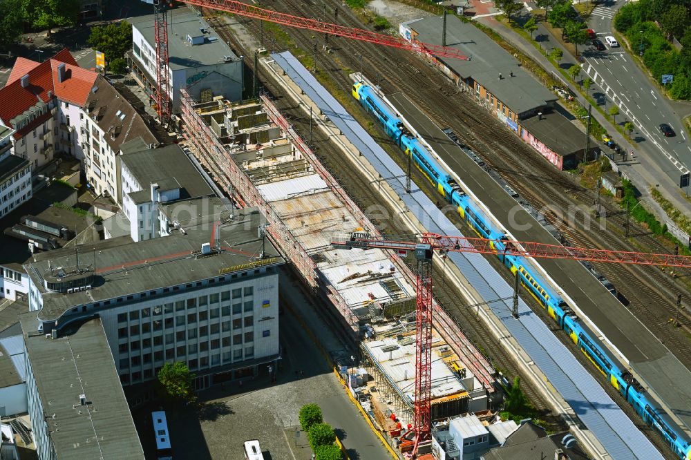 Bielefeld from the bird's eye view: Construction site for a new micro apartment complex of GBI Group GmbH on street Bahnhofstrasse in the district Mitte in Bielefeld in the state North Rhine-Westphalia, Germany