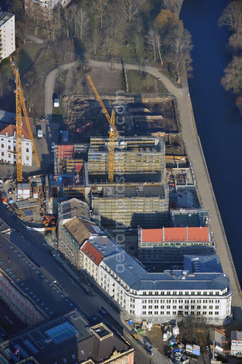 Potsdam from the bird's eye view: Construction site of Museum building ensemble Museum Barberini on Humboldtstrasse in the district Innenstadt in Potsdam in the state Brandenburg, Germany