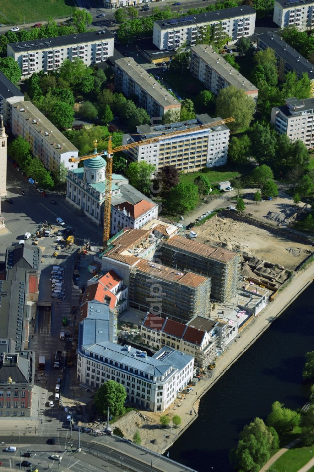 Potsdam from the bird's eye view: Construction site of Museum building ensemble Museum Barberini on Humboldtstrasse in the district Innenstadt in Potsdam in the state Brandenburg, Germany