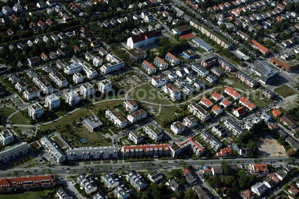 München, Trudering-Riem from the bird's eye view: Construction of a neighborhood meeting and self-help organization at the Bajuwarenstrasse in Munich in Bavaria. Designed by zillerplus architects and urban planners enstand a modern multi - purpose building with the goal of civic engagement in the Quartier activate