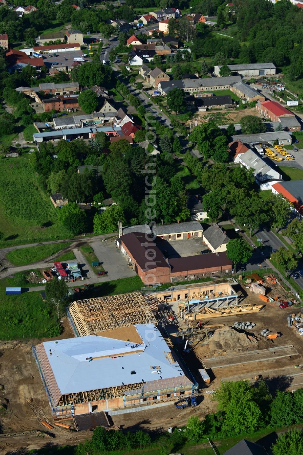 Werneuchen from the bird's eye view: Construction of the local ALDI- shopping center on the B 158 in Werneuchen in Brandenburg