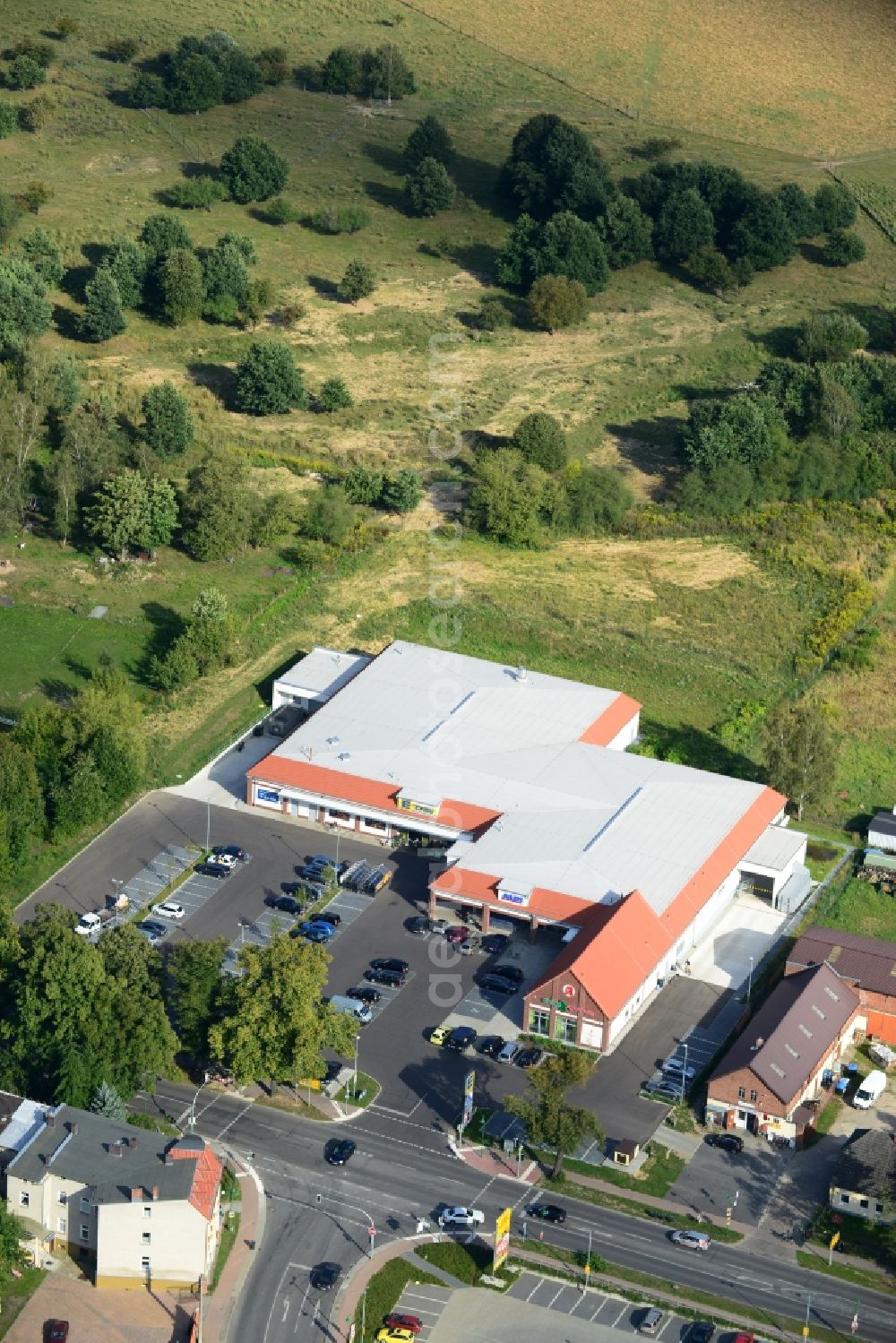 Aerial image Werneuchen - Construction of the local ALDI- shopping center on the B 158 in Werneuchen in Brandenburg