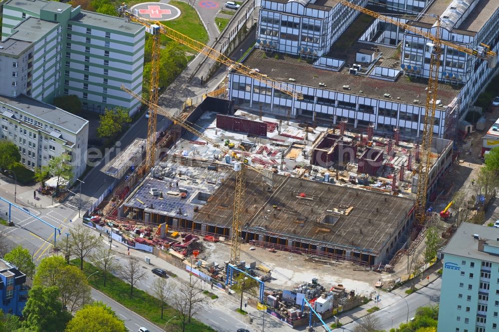 Berlin from above - Construction site for a new extension to the hospital grounds Vivantes Klinikum Neukoelln on street Rudower Chaussee in the district Neukoelln in Berlin, Germany