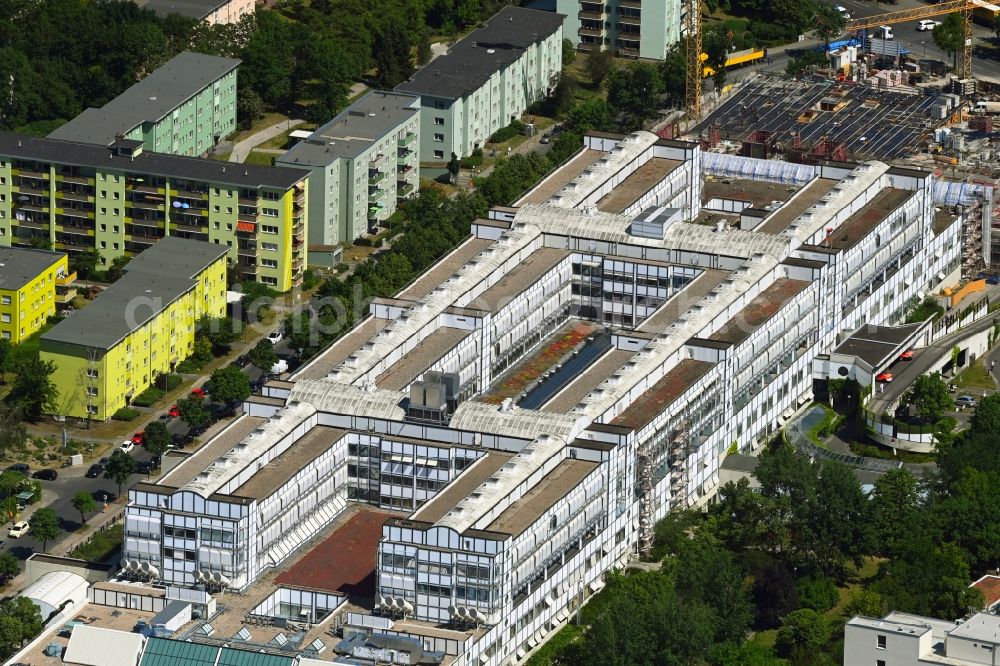 Berlin from above - Construction site for a new extension to the hospital grounds Vivantes Klinikum Neukoelln on street Rudower Chaussee in the district Neukoelln in Berlin, Germany