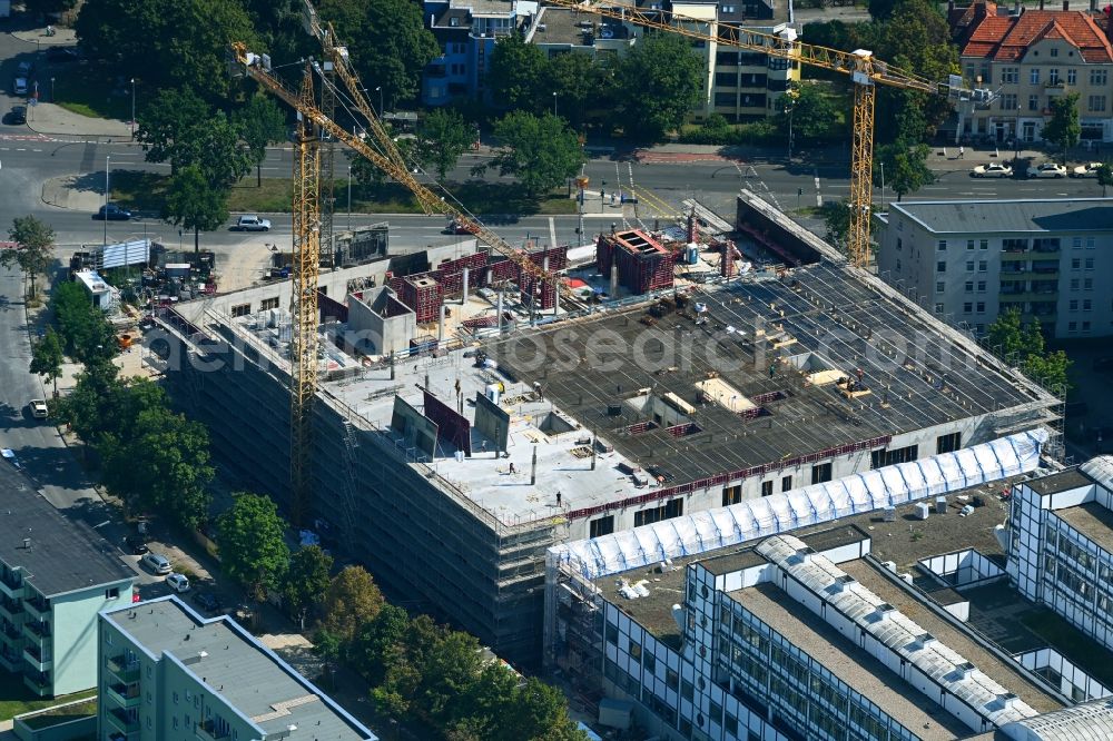 Berlin from above - Construction site for a new extension to the hospital grounds Vivantes Klinikum Neukoelln on street Rudower Chaussee in the district Neukoelln in Berlin, Germany