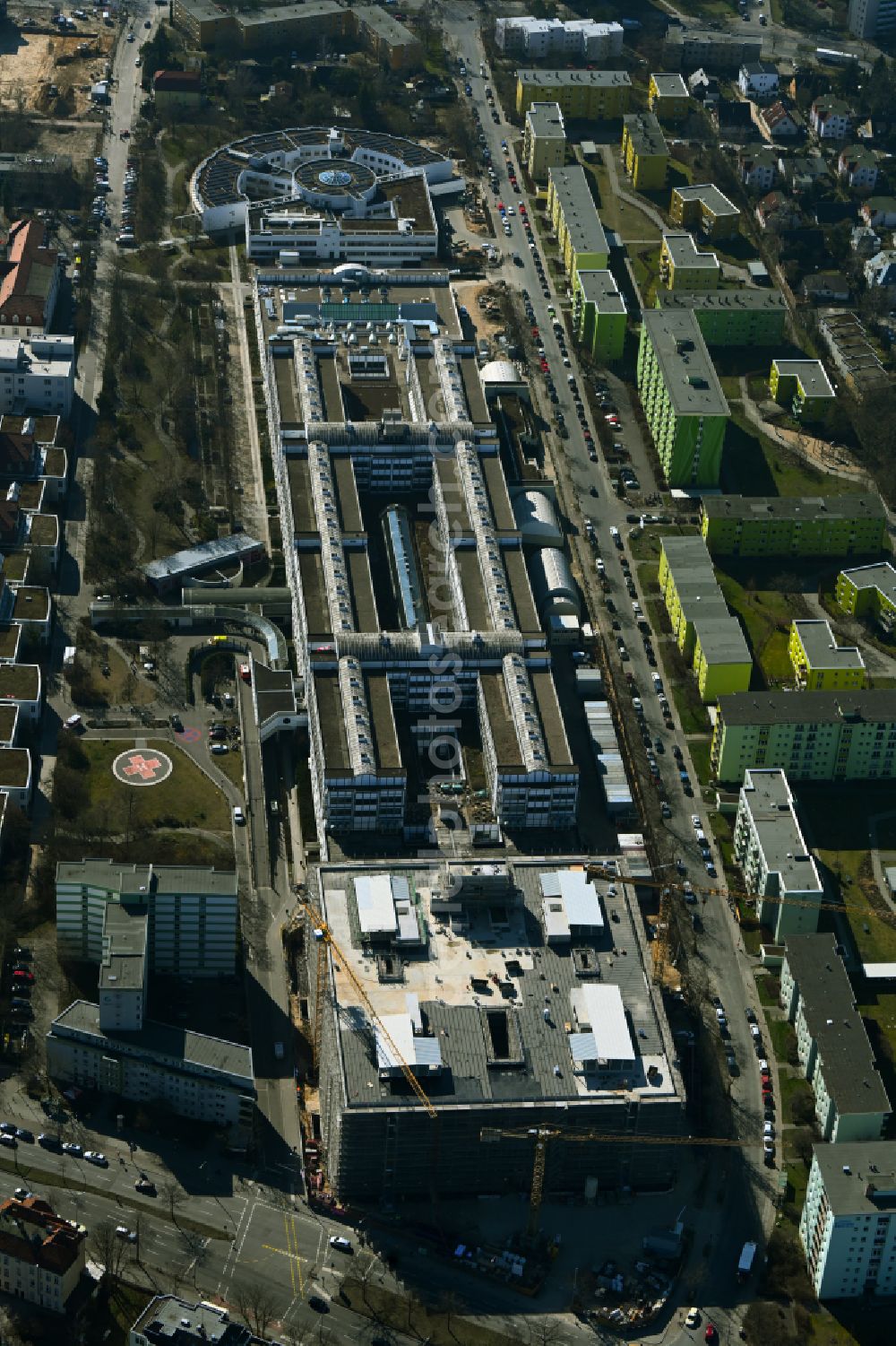 Berlin from above - Construction site for a new extension to the hospital grounds Vivantes Klinikum Neukoelln on street Rudower Chaussee in the district Neukoelln in Berlin, Germany