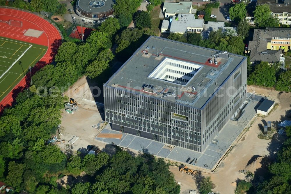 Berlin from above - Building site to the new building of the School building of the upper stage centre Lise Meitner on the campus ivy way in destrict Buckow in Berlin, Germany