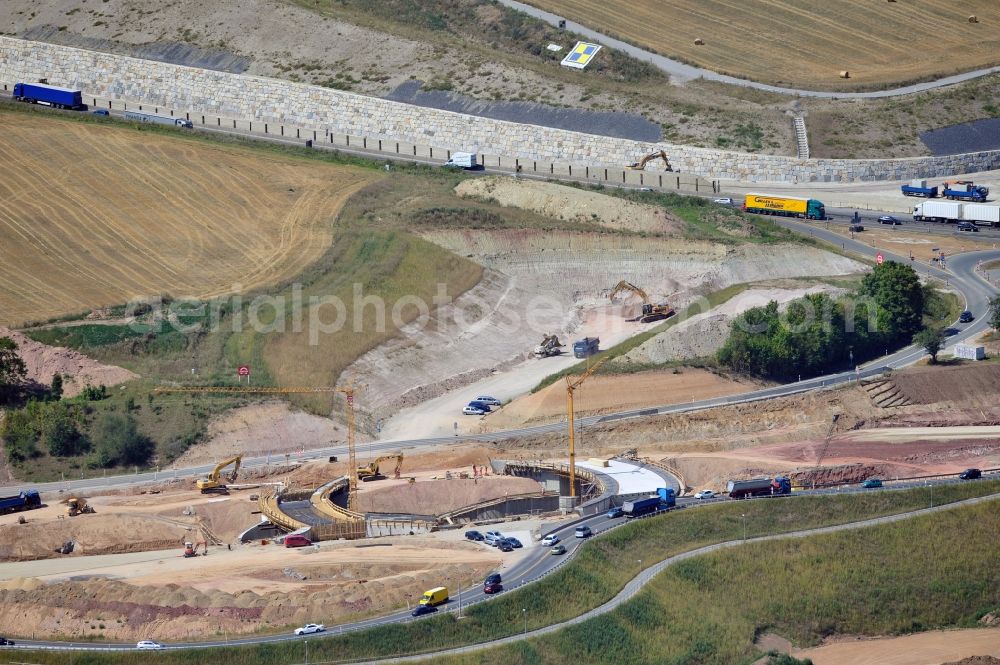 Jena from above - View atf the construction site of the ring road Rothenstein at the B88 in Jena district Maua in the federal state of Thuringia. Client is the Federal Republic of Germany in order of the federal state of Thuringia, represented by the highway department eastern Thuringia. The section is realized in the course of the extension construction project of the motorway A4