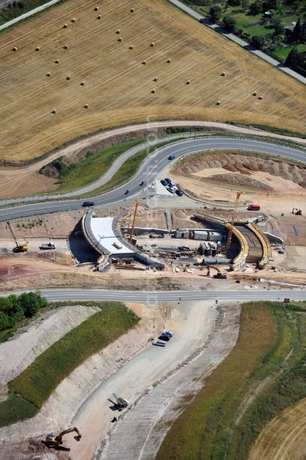 Jena from above - View atf the construction site of the ring road Rothenstein at the B88 in Jena district Maua in the federal state of Thuringia. Client is the Federal Republic of Germany in order of the federal state of Thuringia, represented by the highway department eastern Thuringia. The section is realized in the course of the extension construction project of the motorway A4