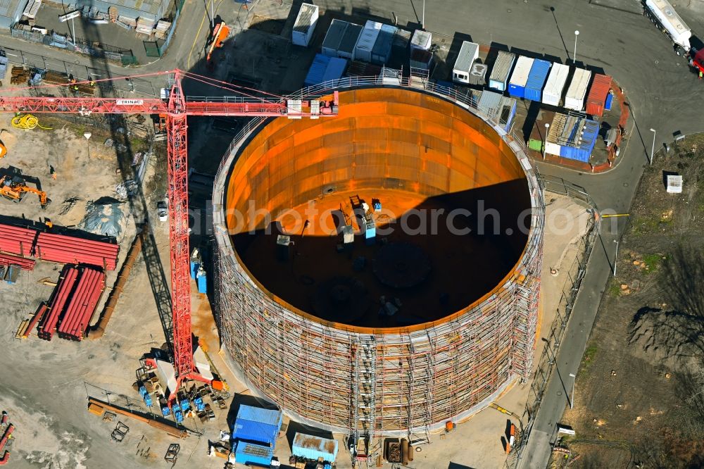 Aerial image Berlin - Construction site for the new construction of a retention basin and water storage tank - heat storage tank on the premises of the Reuter West combined heat and power plant in the district of Siemensstadt in the district Siemensstadt in Berlin, Germany