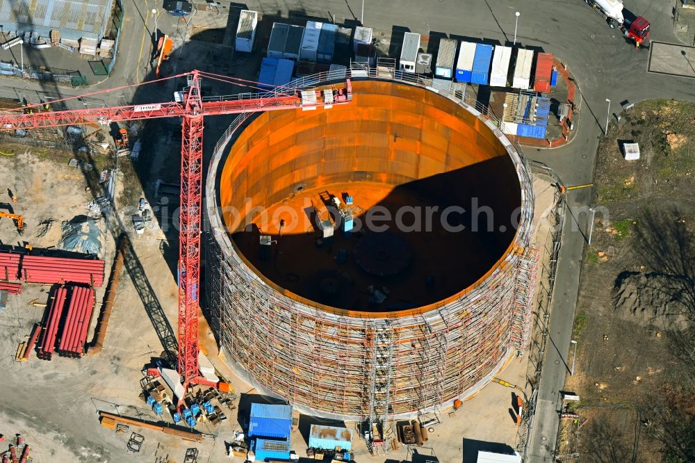 Aerial photograph Berlin - Construction site for the new construction of a retention basin and water storage tank - heat storage tank on the premises of the Reuter West combined heat and power plant in the district of Siemensstadt in the district Siemensstadt in Berlin, Germany