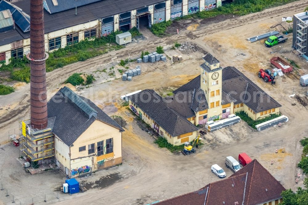 Duisburg from the bird's eye view: Construction site of data center building and online data processing hub in the development area on the former site of the marshalling yard and freight yard of Deutsche Bahn at the ruins of the Wedau repair shop on the Duisburger Freiheit in Duisburg at Ruhrgebiet in the state North Rhine-Westphalia, Germany