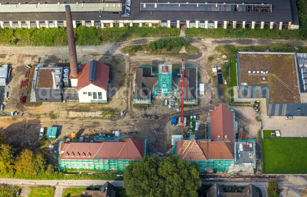 Duisburg from the bird's eye view: Construction site of data center building and online data processing hub in the development area on the former site of the marshalling yard and freight yard of Deutsche Bahn at the ruins of the Wedau repair shop on the Duisburger Freiheit in Duisburg at Ruhrgebiet in the state North Rhine-Westphalia, Germany