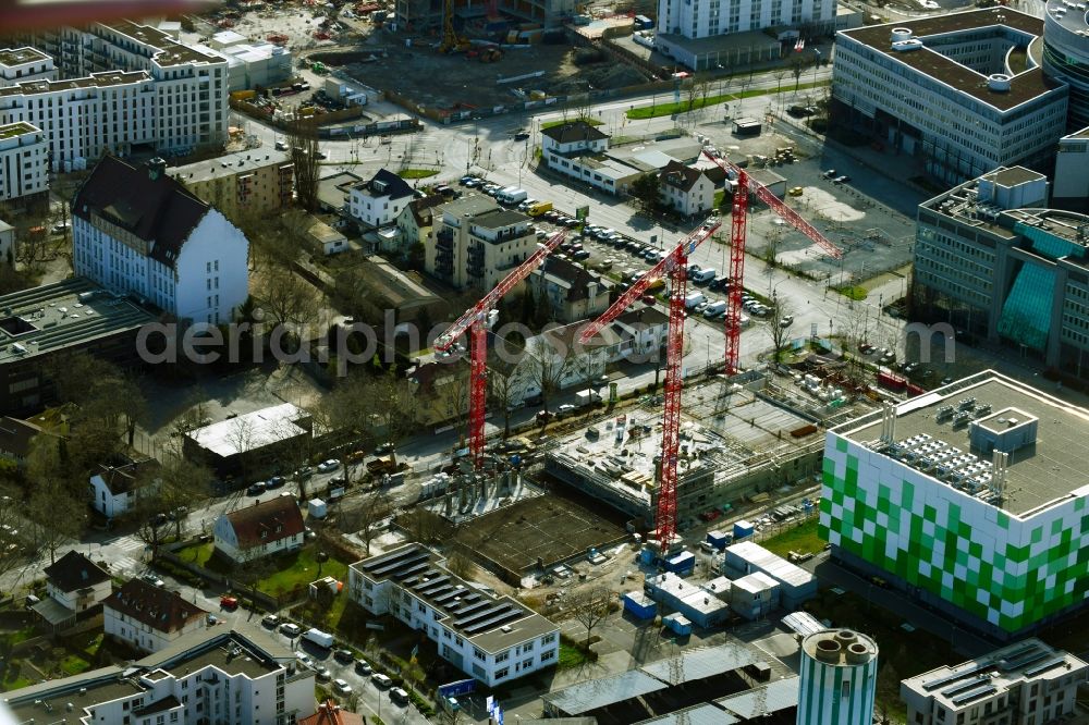 Offenbach am Main from the bird's eye view: Construction site for the new building of the data center and online data processing hub of EVO in Offenbach am Main in the state Hesse, Germany