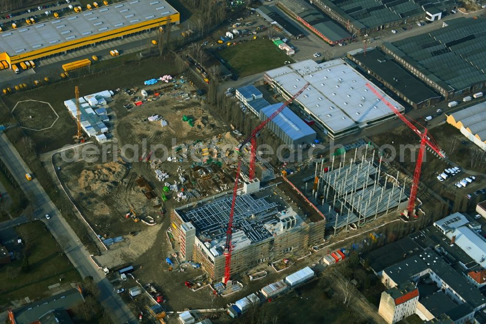 Berlin from the bird's eye view: Construction site of data center building and online data processing hub in Marienpark on Lankwitzer Strasse in the district Mariendorf in Berlin, Germany