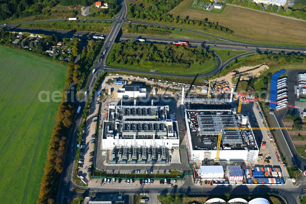 Mittenwalde from the bird's eye view: Construction site of data center building and online data processing hub on street Dahmestrasse in Mittenwalde in the state Brandenburg, Germany