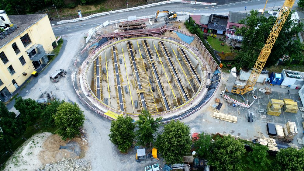 Aerial image Siegburg - Construction of a new rainwater retention basin on street Zeithstrasse in Siegburg in the state North Rhine-Westphalia, Germany