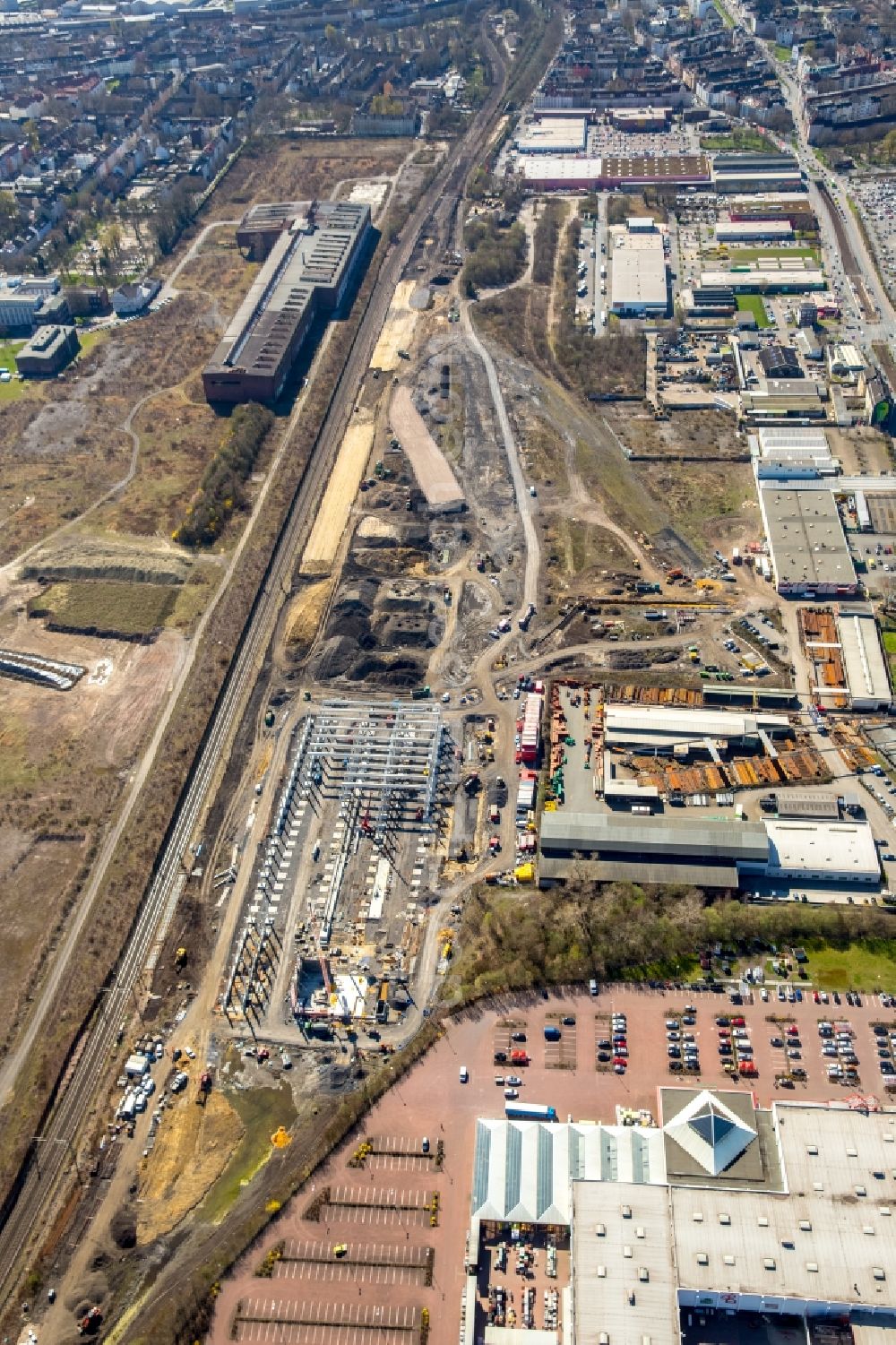 Aerial photograph Dortmund - For the new building RRX- Betriebswerk on Bornstrasse in Dortmund in the state North Rhine-Westphalia