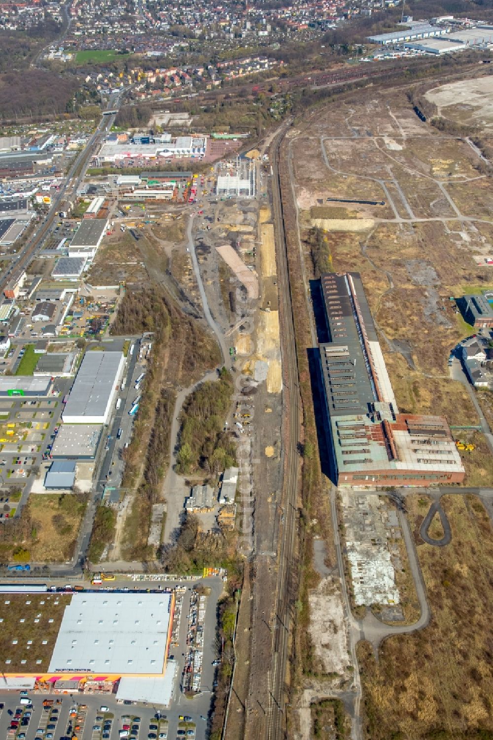 Dortmund from above - For the new building RRX- Betriebswerk on Bornstrasse in Dortmund in the state North Rhine-Westphalia