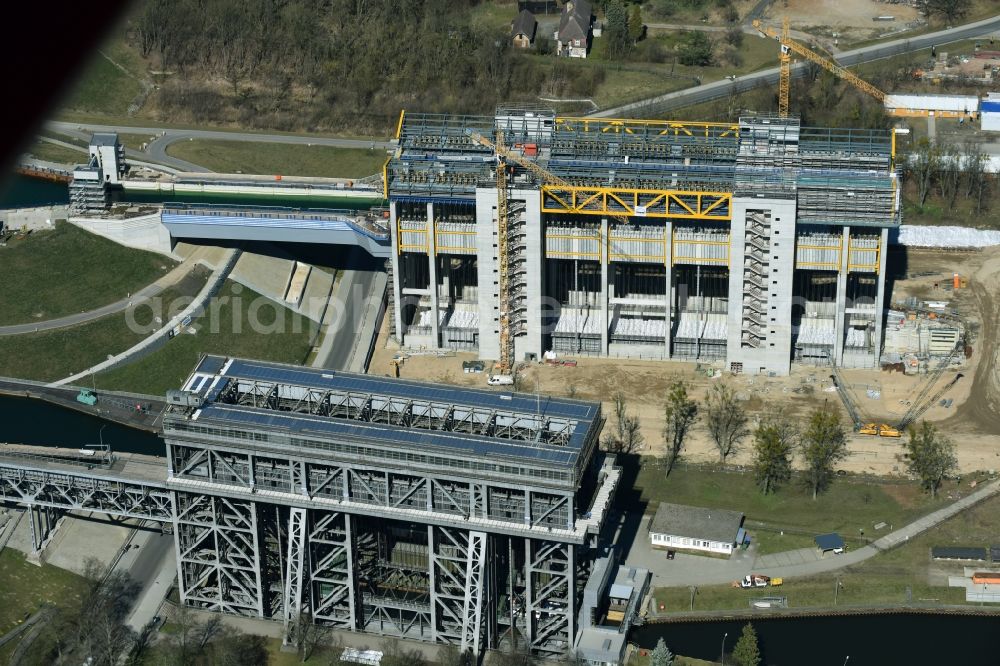 Niederfinow from above - Construction of the Niederfinow ship lift on the Finow Canal in the state of Brandenburg