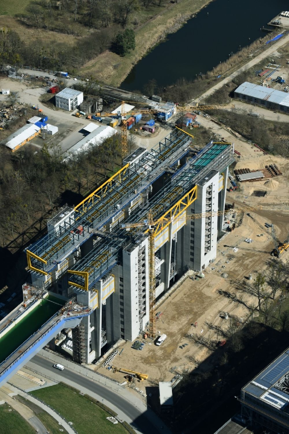 Niederfinow from above - Construction of the Niederfinow ship lift on the Finow Canal in the state of Brandenburg