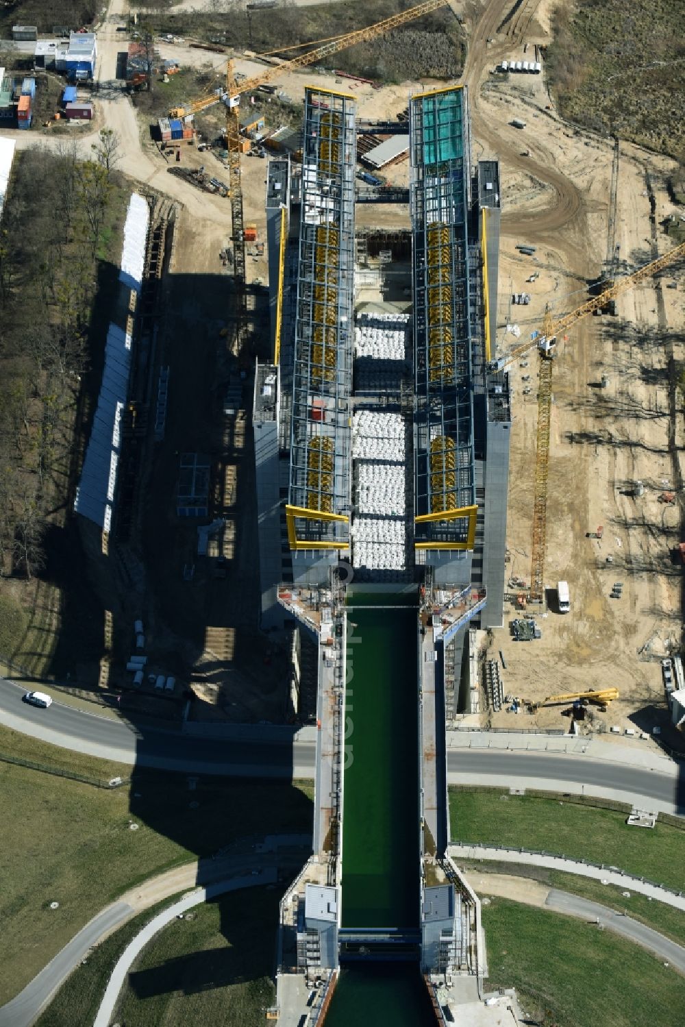 Niederfinow from the bird's eye view: Construction of the Niederfinow ship lift on the Finow Canal in the state of Brandenburg