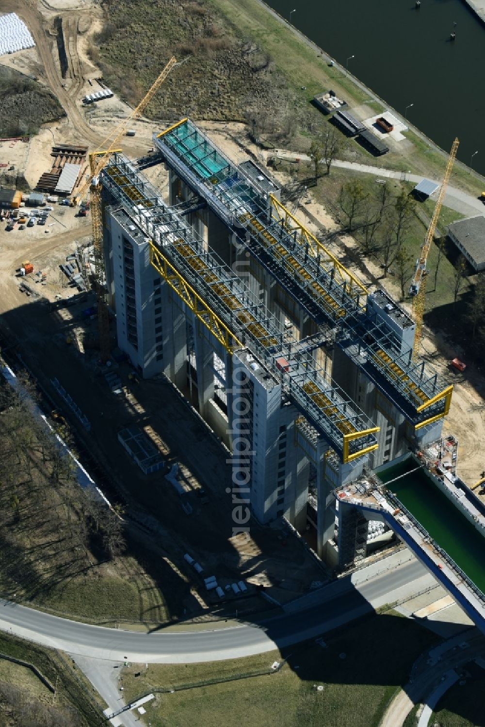 Aerial photograph Niederfinow - Construction of the Niederfinow ship lift on the Finow Canal in the state of Brandenburg