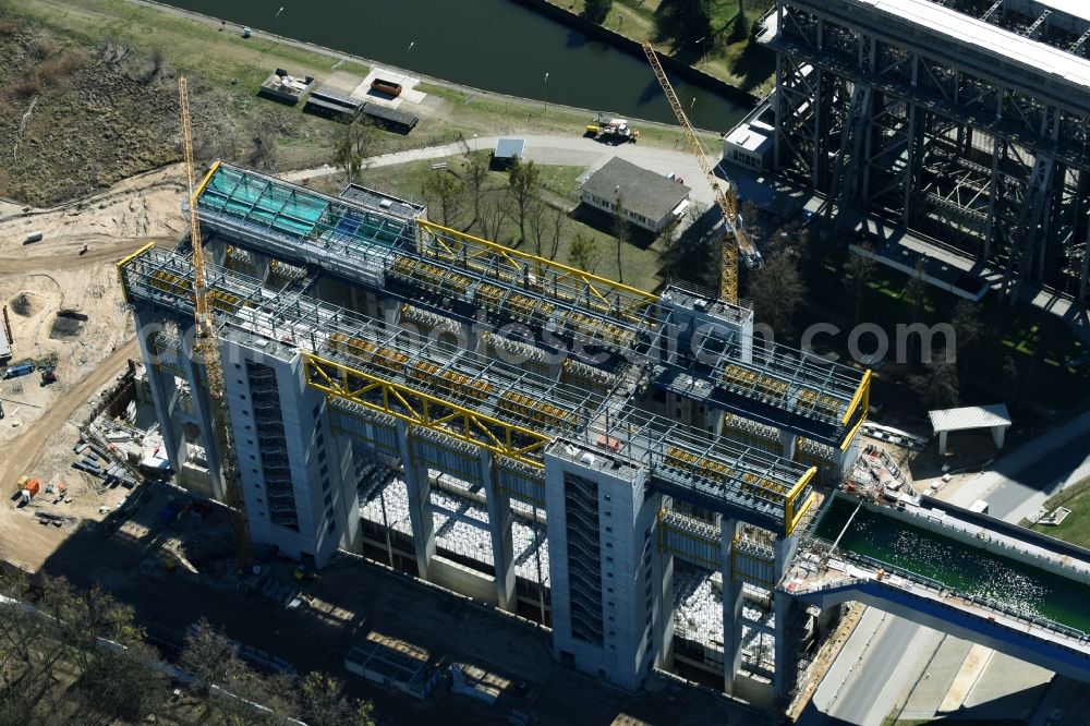 Niederfinow from above - Construction of the Niederfinow ship lift on the Finow Canal in the state of Brandenburg