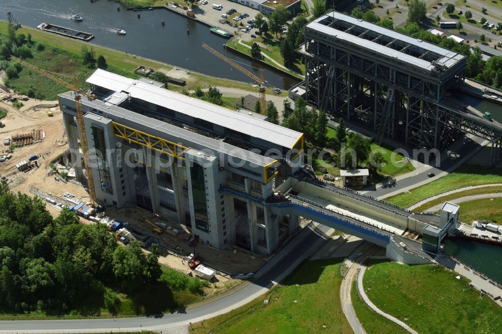 Niederfinow from above - Construction of the Niederfinow ship lift on the Finow Canal in the state of Brandenburg