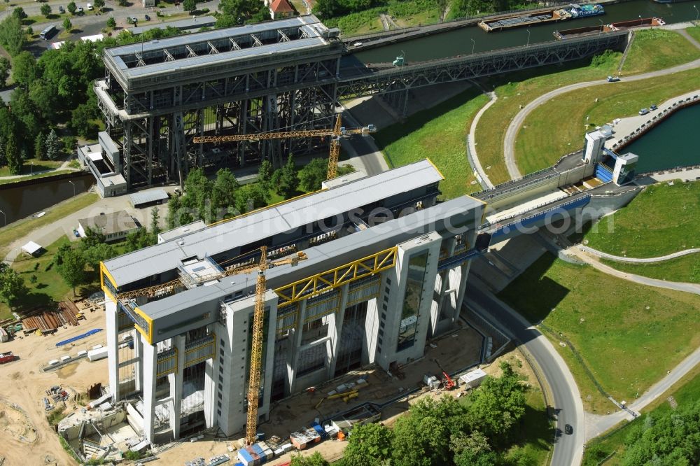 Niederfinow from above - Construction of the Niederfinow ship lift on the Finow Canal in the state of Brandenburg