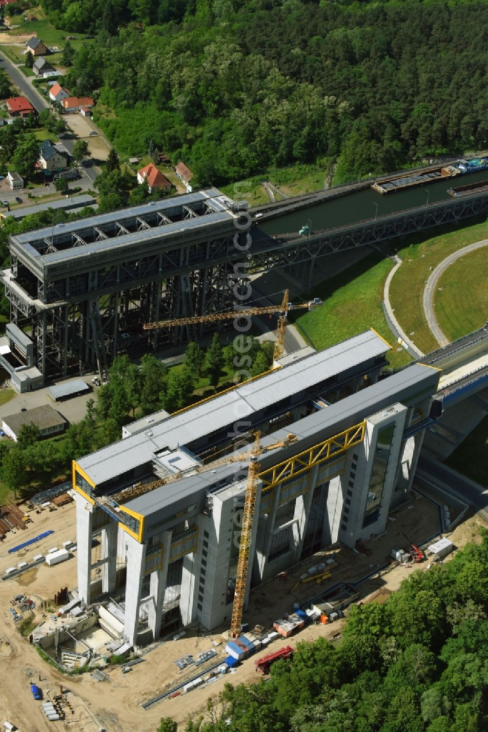 Niederfinow from the bird's eye view: Construction of the Niederfinow ship lift on the Finow Canal in the state of Brandenburg