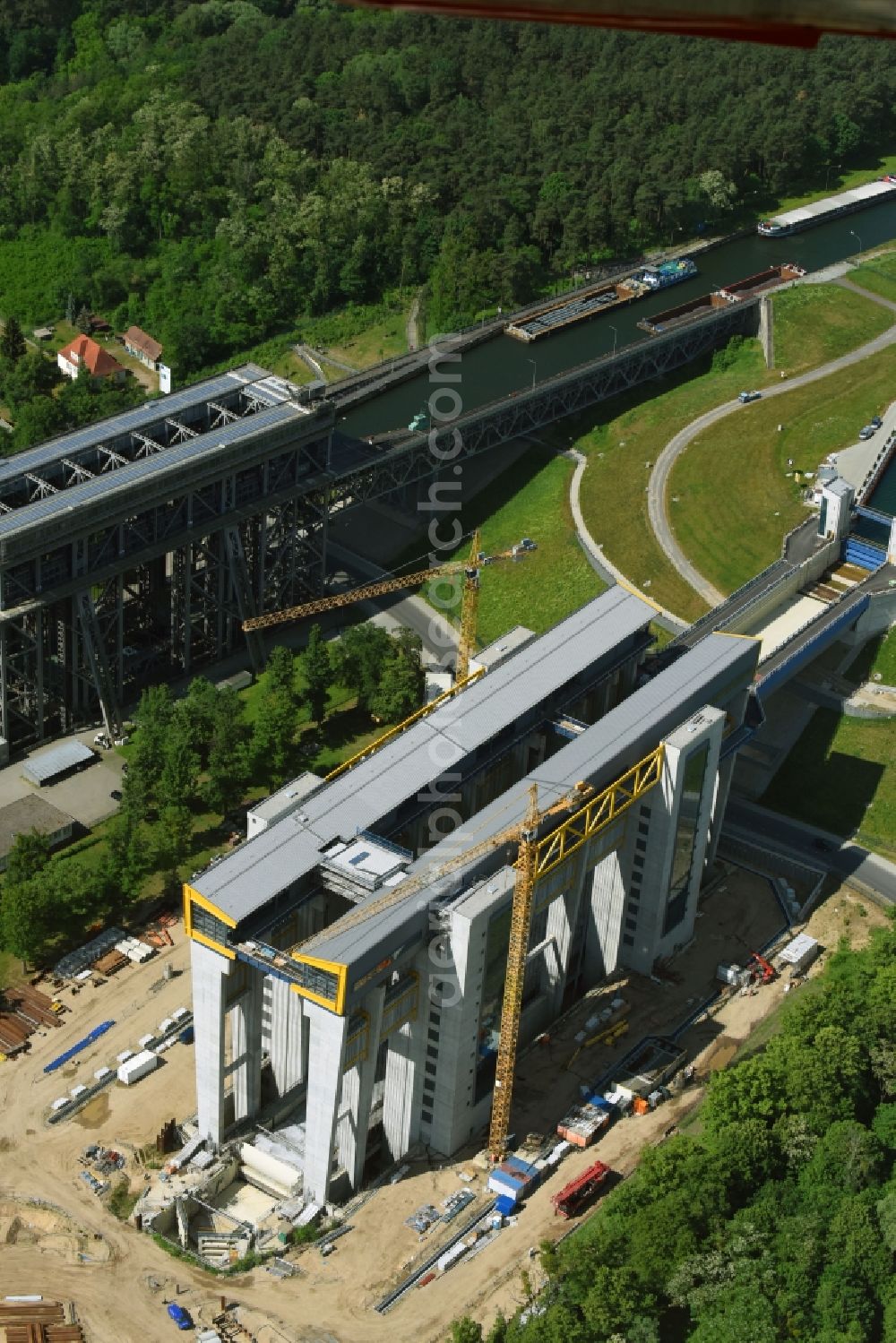 Aerial image Niederfinow - Construction of the Niederfinow ship lift on the Finow Canal in the state of Brandenburg