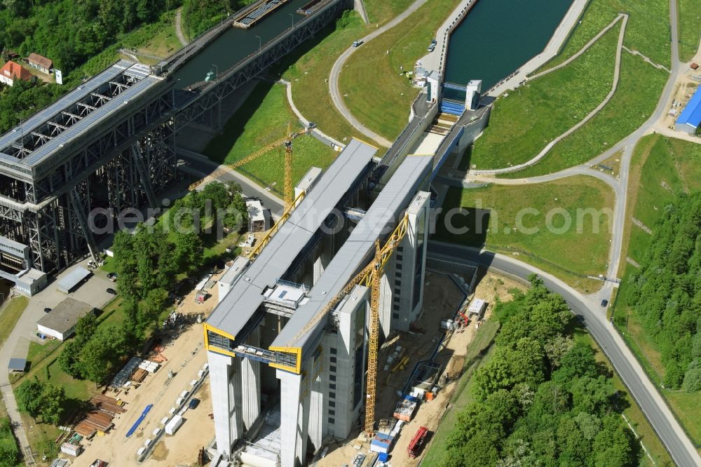 Aerial photograph Niederfinow - Construction of the Niederfinow ship lift on the Finow Canal in the state of Brandenburg