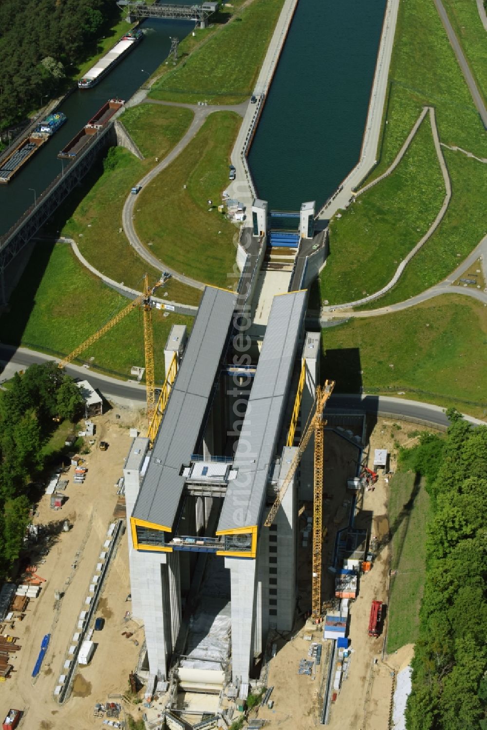 Niederfinow from above - Construction of the Niederfinow ship lift on the Finow Canal in the state of Brandenburg