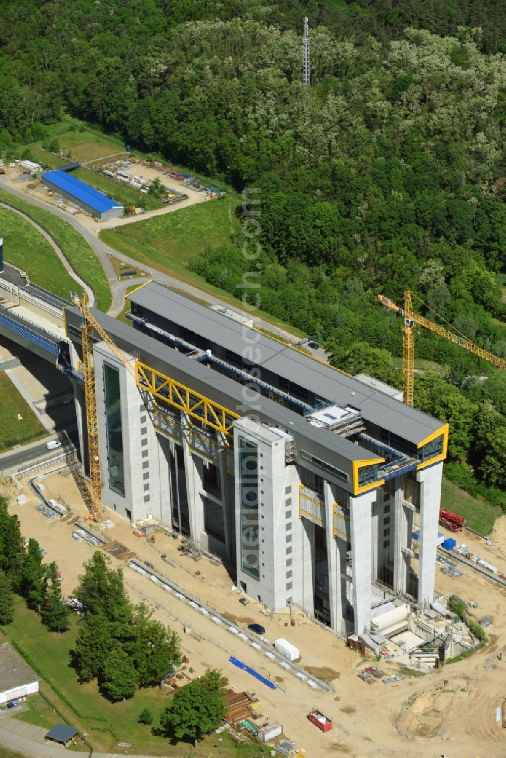 Aerial photograph Niederfinow - Construction of the Niederfinow ship lift on the Finow Canal in the state of Brandenburg