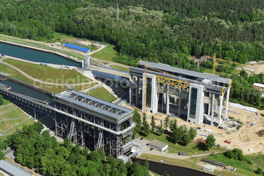 Niederfinow from above - Construction of the Niederfinow ship lift on the Finow Canal in the state of Brandenburg